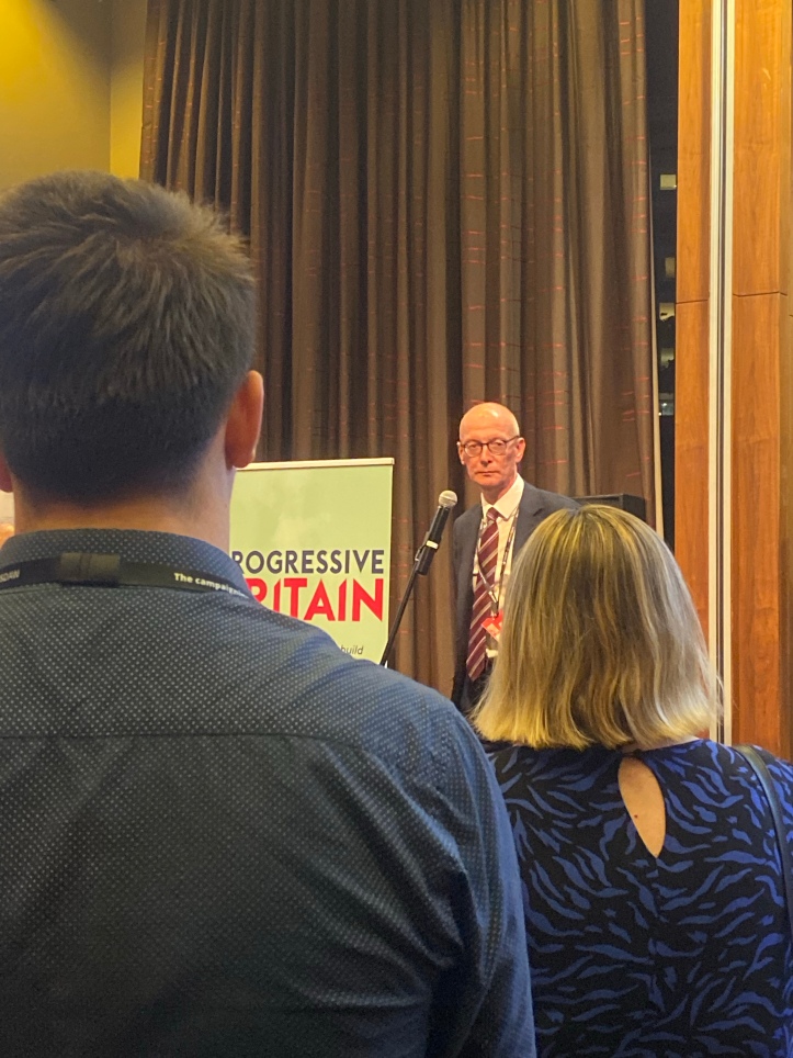 Pat McFadden addresses a fringe meeting at Labour's 2023 Conference